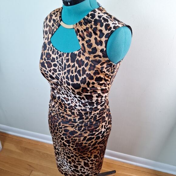 Vintage Y2K Cache Animal Print Leopard Print Bodycon Dress Ruched Women Size 10 - Picture 3 of 8